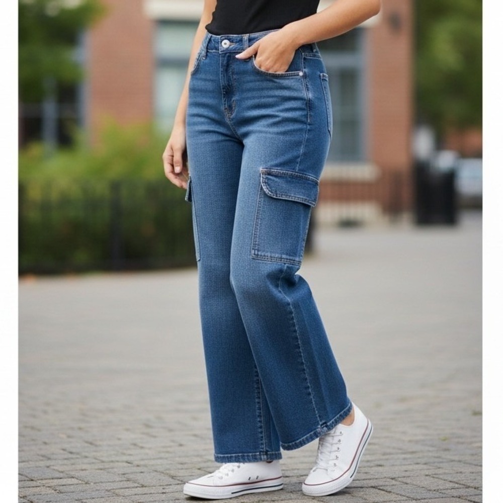 Judy Blue JB88725 DK Women High Waist Wide Leg Cargo Jeans Dark Wash 16W NWT